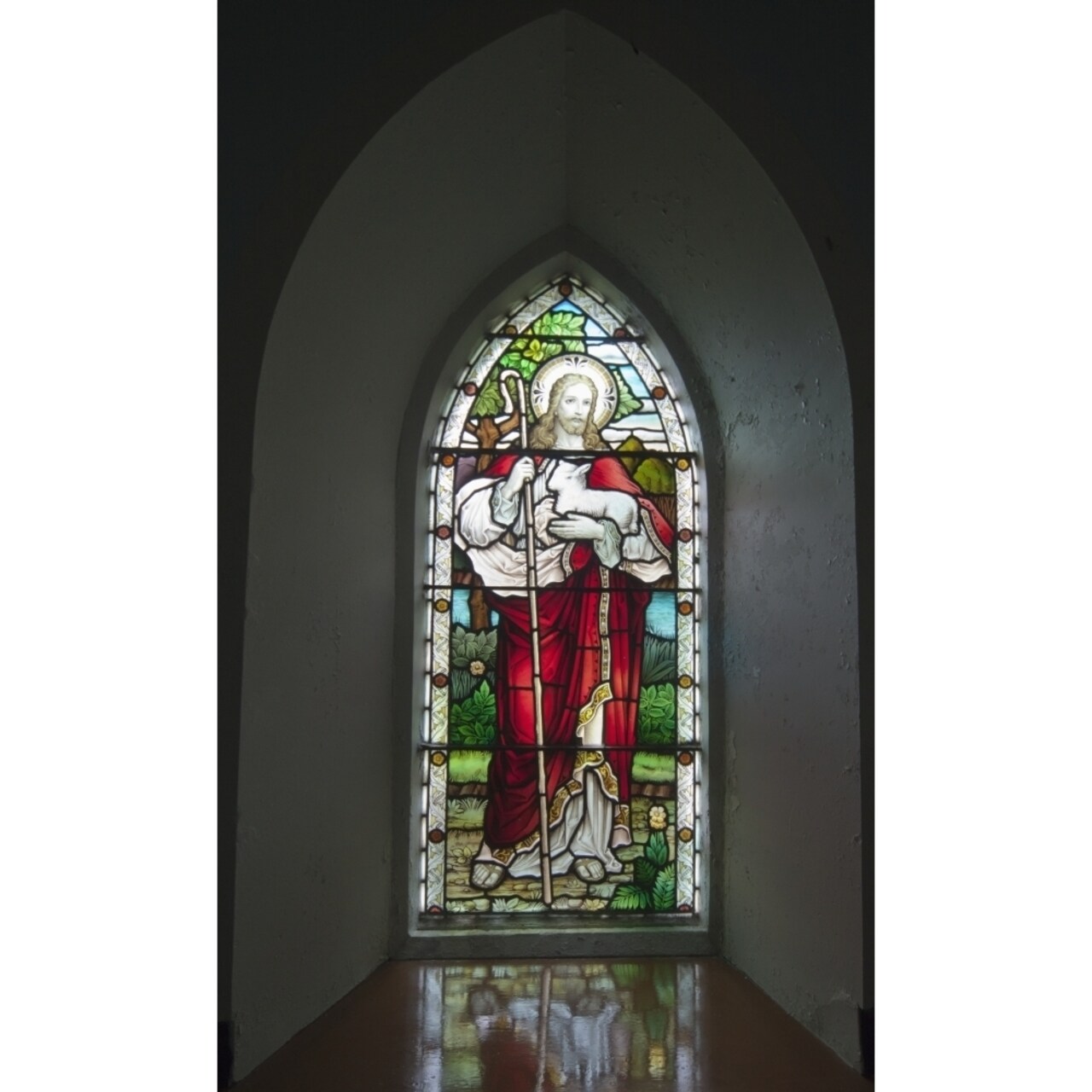 A Stained Glass Window Depicting Jesus Holding A Sheep At Church On The Beach; Ardnamurchan Argyl Scotland Poster Prin